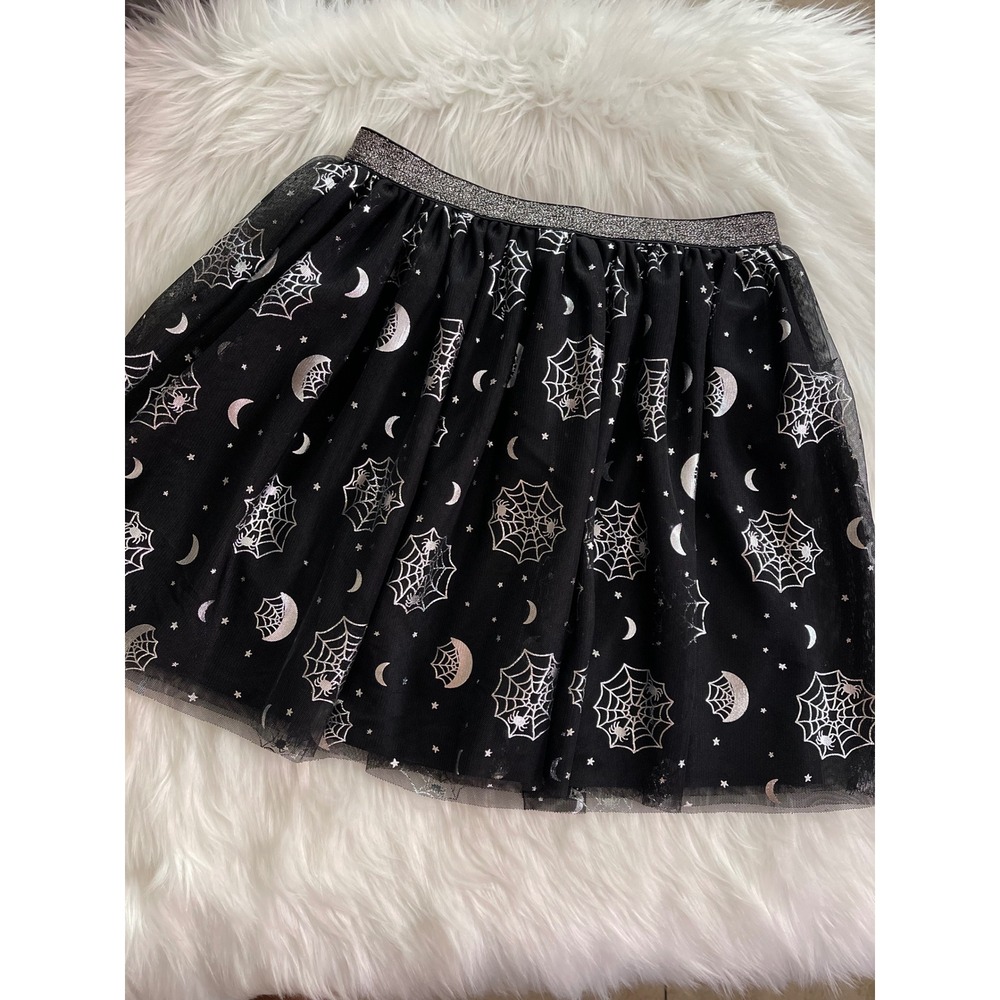 Celebrate Halloween Spider Web  Skirt Girls L 10/12 Mesh Costume Black Silver